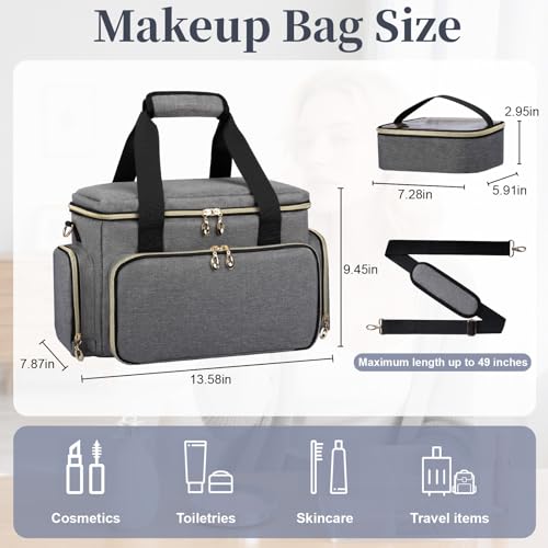 GDNasist Large Makeup Bag, Portable Travel Makeup Bag Organizer for Women Girls with 2 Removable Pouches & Detachable Dividers, Cosmetic Travel Bag, Toiletry Bag for Makeup and Hair Supplies Grey - Image 3