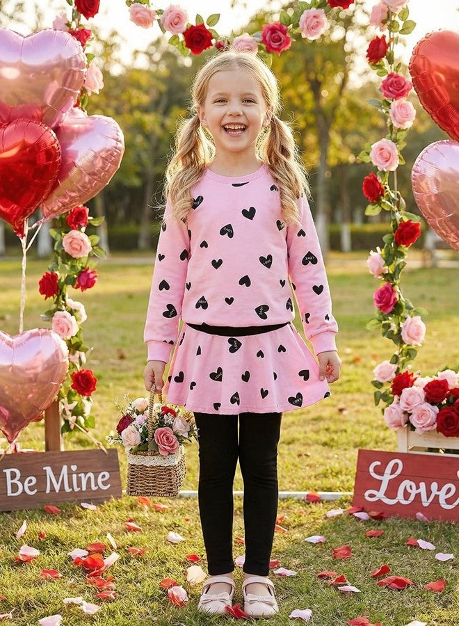 CM-Kid طقم ملابس عيد الحب للبنات الصغيرات من سي إم كيد، بأكمام طويلة، مناسب لفصلي الشتاء والربيع، يتكون من سويت شيرت وردي مطبوع عليه قلوب، وبنطال ضيق وتنورة، هدية مثالية لعيد الحب، مقاس 6T - Image 2