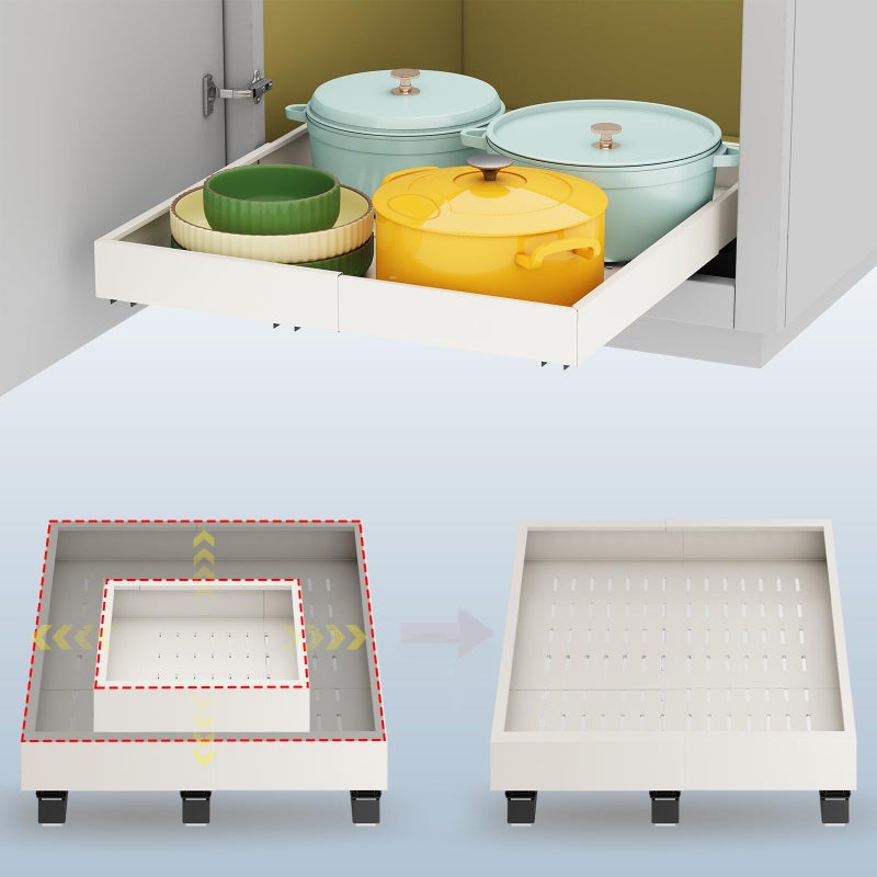 Fokyfok Pull out Cabinet Organizer,Expandable Width(15"-21"),Depth(17"-24") with 3 Rails,Roll out Drawers,No Drill Adjustable Slide out Shelves for Kitchen,Pantry,for Both Lip and Lip-Free Cabinets,White(1PC) - Image 1