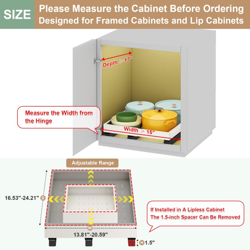 Fokyfok Pull out Cabinet Organizer,Expandable Width(15"-21"),Depth(17"-24") with 3 Rails,Roll out Drawers,No Drill Adjustable Slide out Shelves for Kitchen,Pantry,for Both Lip and Lip-Free Cabinets,White(1PC) - Image 2