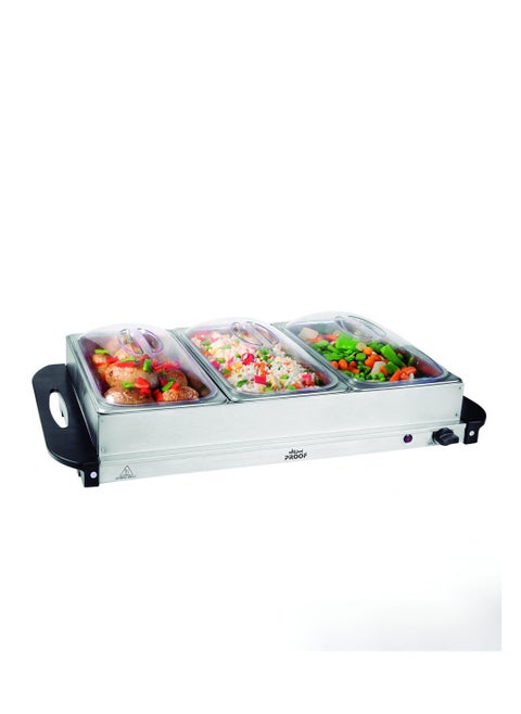 300W Stainless Steel Electric Food Warmer - 3 x 2.5L Each with Thermostatic Control - Ideal for Buffets, Parties, Restaurants, and Catering.