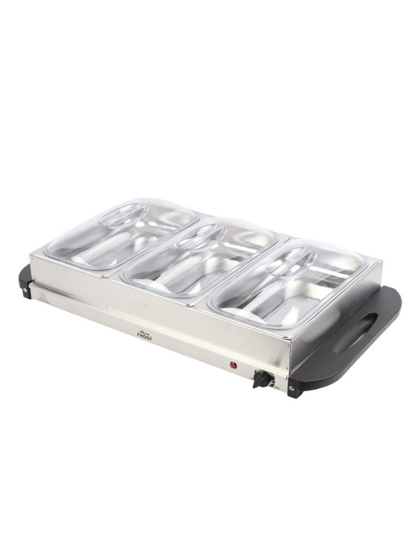 برووف سخان طعام كهربائي 300 واط من الستانلس ستيل – 3×2.5 لتر لكل خانة مع تحكم حراري – مثالي للبوفيهات، الحفلات، المطاعم، وتقديم الأطعمة الفاخرة. - Image 4