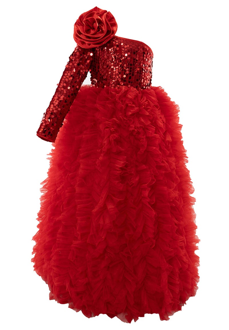 PINK WINGS Girls Gown,Dress,Full Length Dres, FluffyGown (4-5 Years, RED) - Image 1