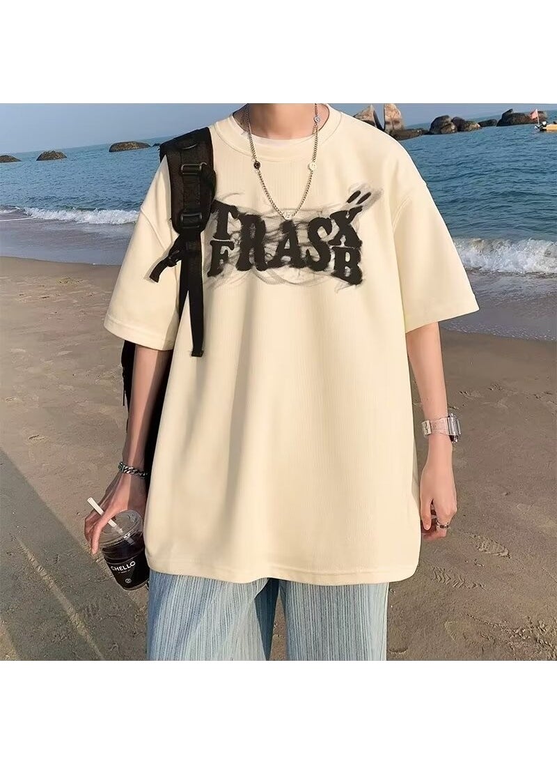 Generic - American Style Plus Size Loose Fit Short Sleeve T-Shirt For Men High Street Trendy Brand High-End Feel Streetwear Apricot - Image 1
