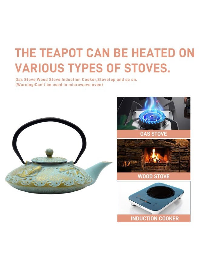 SECHUDO Cast Iron Teapot, Tea Kettle Coated with Enameled Interior for Loose Tea,Cast Iron Teapot with Stainless Steel Infuser for Stovetop Safe (27.1oz-Pattern-5) - Image 4