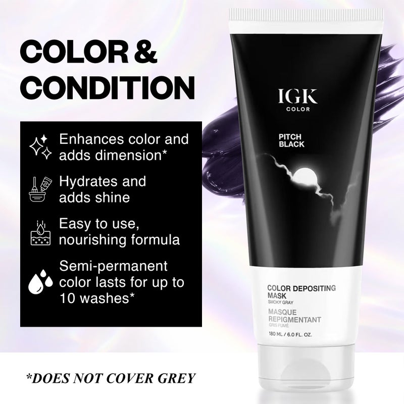 IGK Pitch Black Color Depositing Hair Mask | Smoky Gray Semi Permanent Color Conditioner + Gloss Toner | Hydrating Formula Adds Shine + Refreshes Color | Vegan + Cruelty Free | 6 oz - Image 2