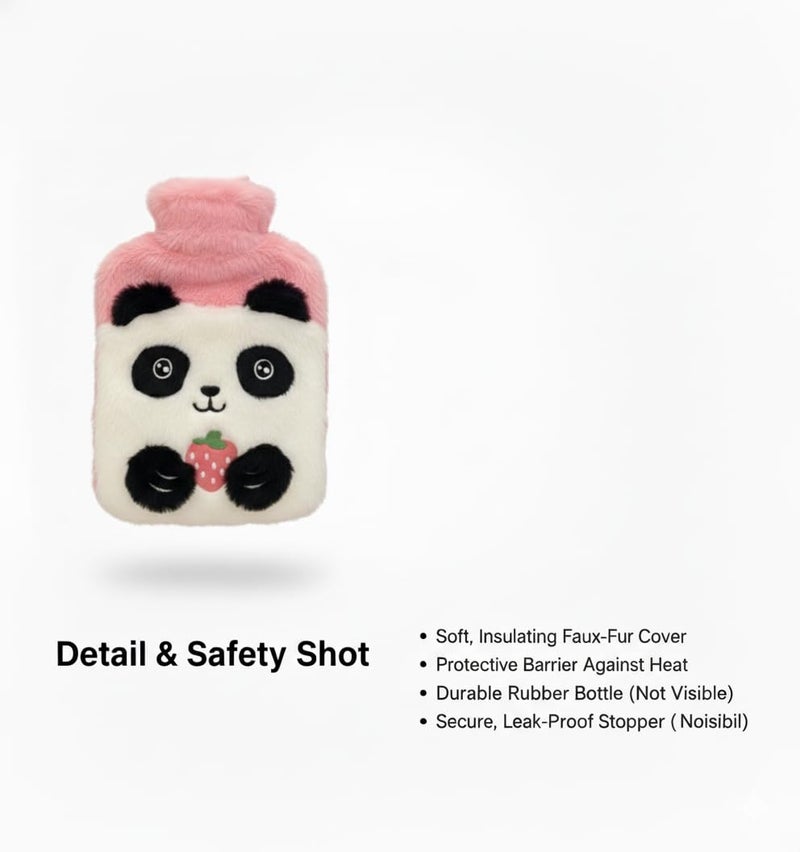 SID MAGIC 1000ml Cozy Panda Fleece Hot Water Bottle | Kawaii Fruit Design Warm Bag for Winter, Back/Neck Pain Relief, and Soothing Heat Therapy | Leakproof & Safe (Brown) - Image 3