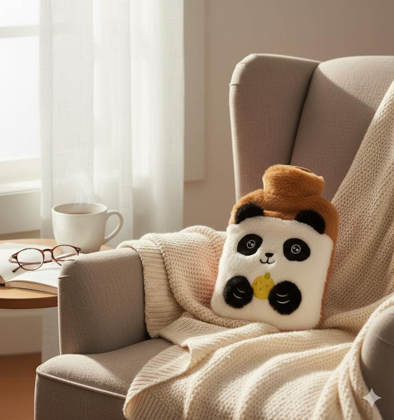 SID MAGIC 1000ml Cozy Panda Fleece Hot Water Bottle | Kawaii Fruit Design Warm Bag for Winter, Back/Neck Pain Relief, and Soothing Heat Therapy | Leakproof & Safe (Brown) - Image 2