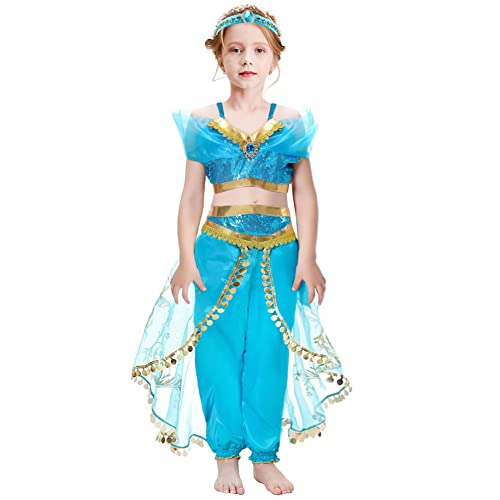 Yosbabe Girls Jasmine Costume Arabian Princess Jasmine Cosplay Costume with Headband Accessories Halloween Party Dress up Costume for Kids (120(4-5T)) - Image 3
