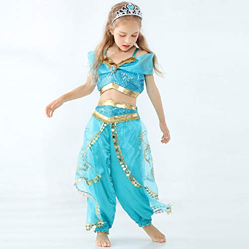 Yosbabe Girls Jasmine Costume Arabian Princess Jasmine Cosplay Costume with Headband Accessories Halloween Party Dress up Costume for Kids (120(4-5T)) - Image 4
