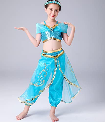Yosbabe Girls Jasmine Costume Arabian Princess Jasmine Cosplay Costume with Headband Accessories Halloween Party Dress up Costume for Kids (120(4-5T)) - Image 2