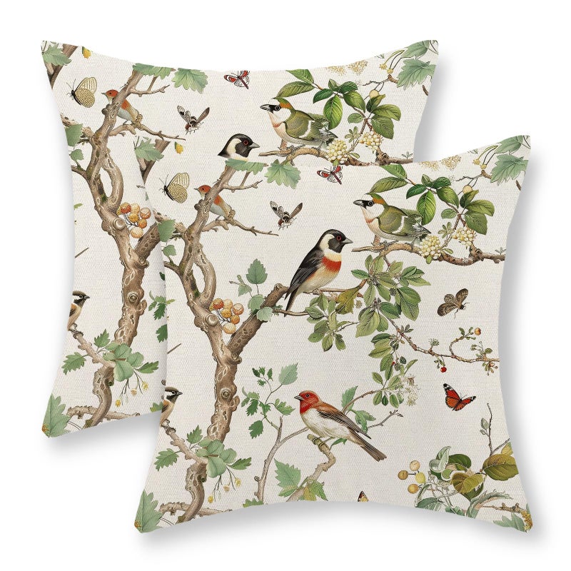 GOLIANDA Chinoiserie Pillow Covers 18x18 Inch Set of 2 Green Floral Bird Throw Pillows Vintage Flower Decorations Pillow Cases Outdoor Chinoiserie Decor Farmhouse Linen Cushion Cover for Couch Home - Image 1