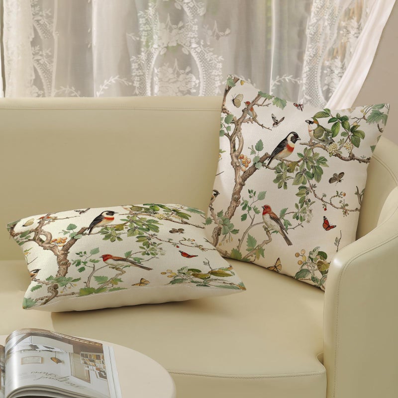 GOLIANDA Chinoiserie Pillow Covers 18x18 Inch Set of 2 Green Floral Bird Throw Pillows Vintage Flower Decorations Pillow Cases Outdoor Chinoiserie Decor Farmhouse Linen Cushion Cover for Couch Home - Image 5