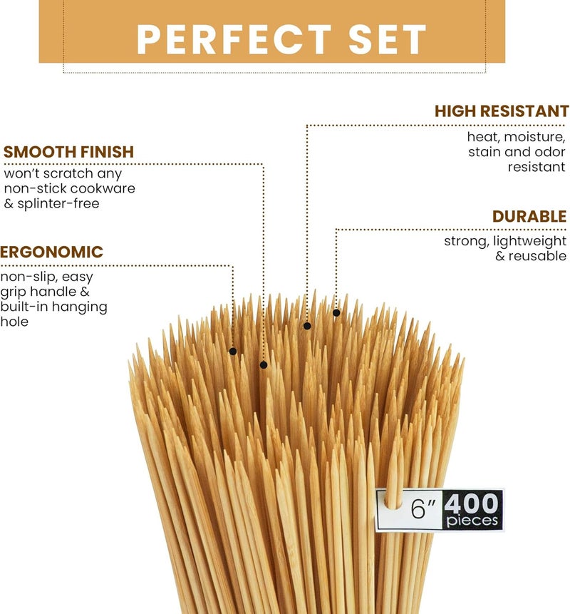 DecorRack Natural Bamboo Skewer Sticks, 400 Pack of 6 inch Organic Wooden Barbecue Kabob Skewers, Best for Grill, BBQ, Kebab, Marshmallow Roasting or Fruit Sticks - Image 3