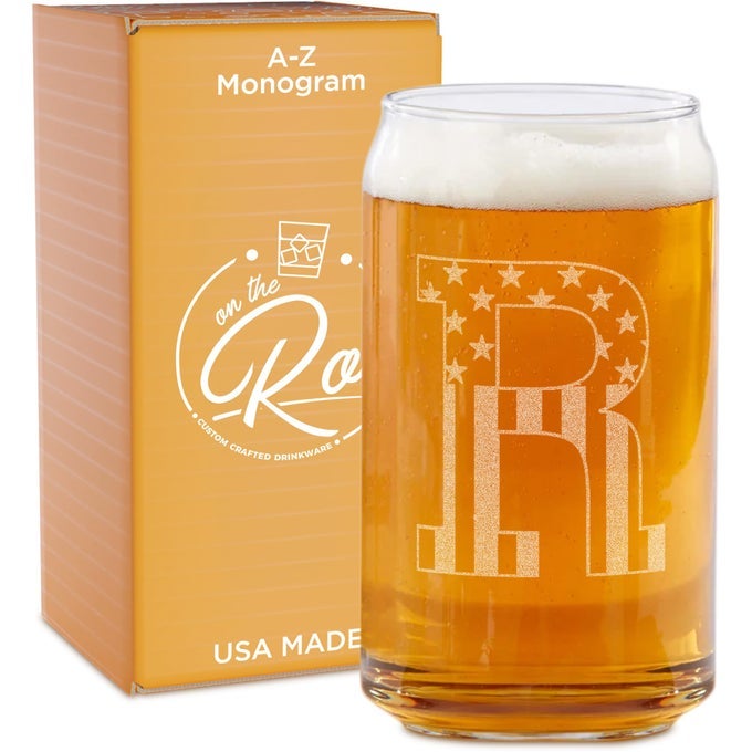 MONOGRAM BEER GLASSES FOR MEN AZ 16 OZ BEER GIFTS FOR MEN BROTHER SON DAD NEIGHBOR UNIQUE GIFTS FOR HIM PERSONALIZED DRINKING GIFT BEER GLASS MUGS ENGRAVED BEER CAN GLASS R