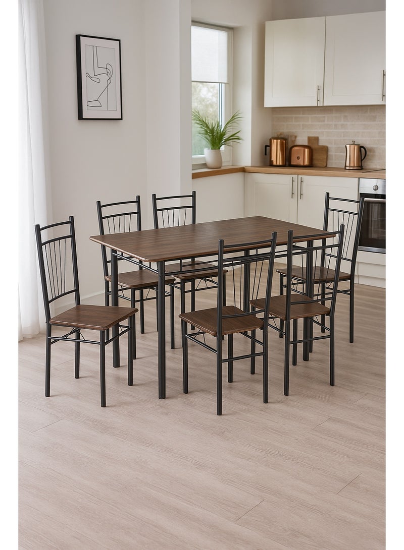 AFT 6-Seater Dining Table Set with 6 Chairs – Black walnut Wood Finish Top & Black Metal Frame, Modern Dining Room Furniture, Table Size 138×80×75 cm, Chair Size 38×37×90 cm - Image 1