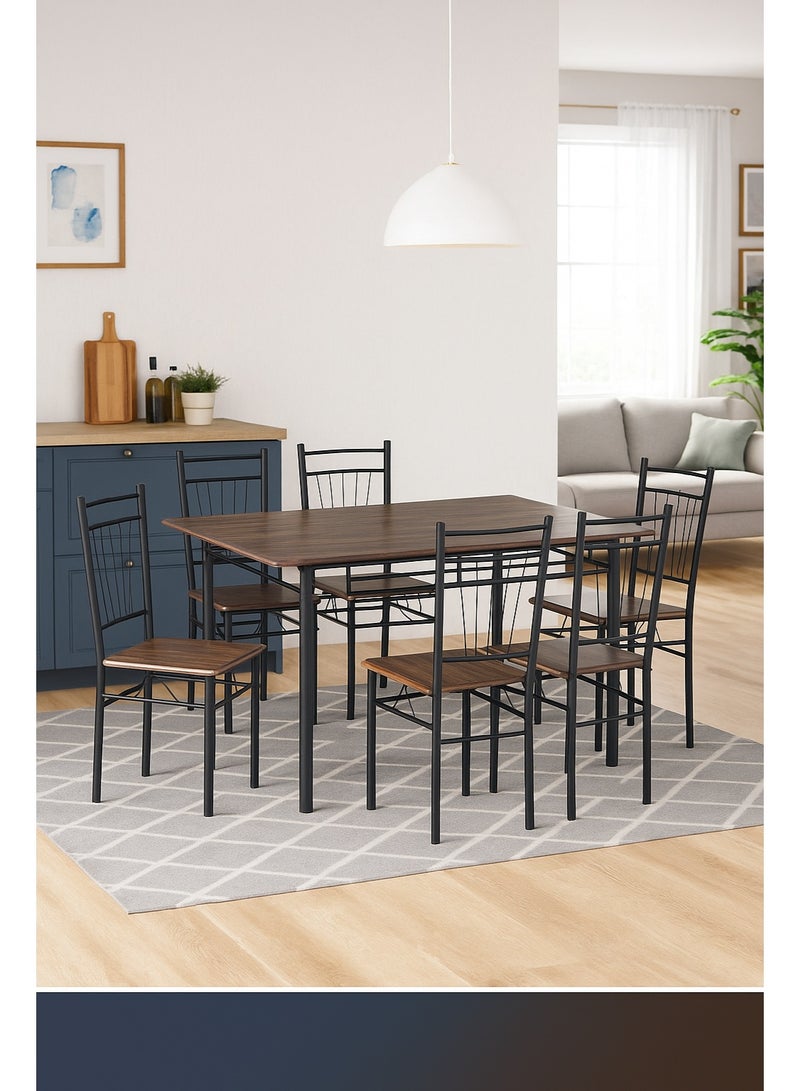 AFT 6-Seater Dining Table Set with 6 Chairs – Black walnut Wood Finish Top & Black Metal Frame, Modern Dining Room Furniture, Table Size 138×80×75 cm, Chair Size 38×37×90 cm - Image 2
