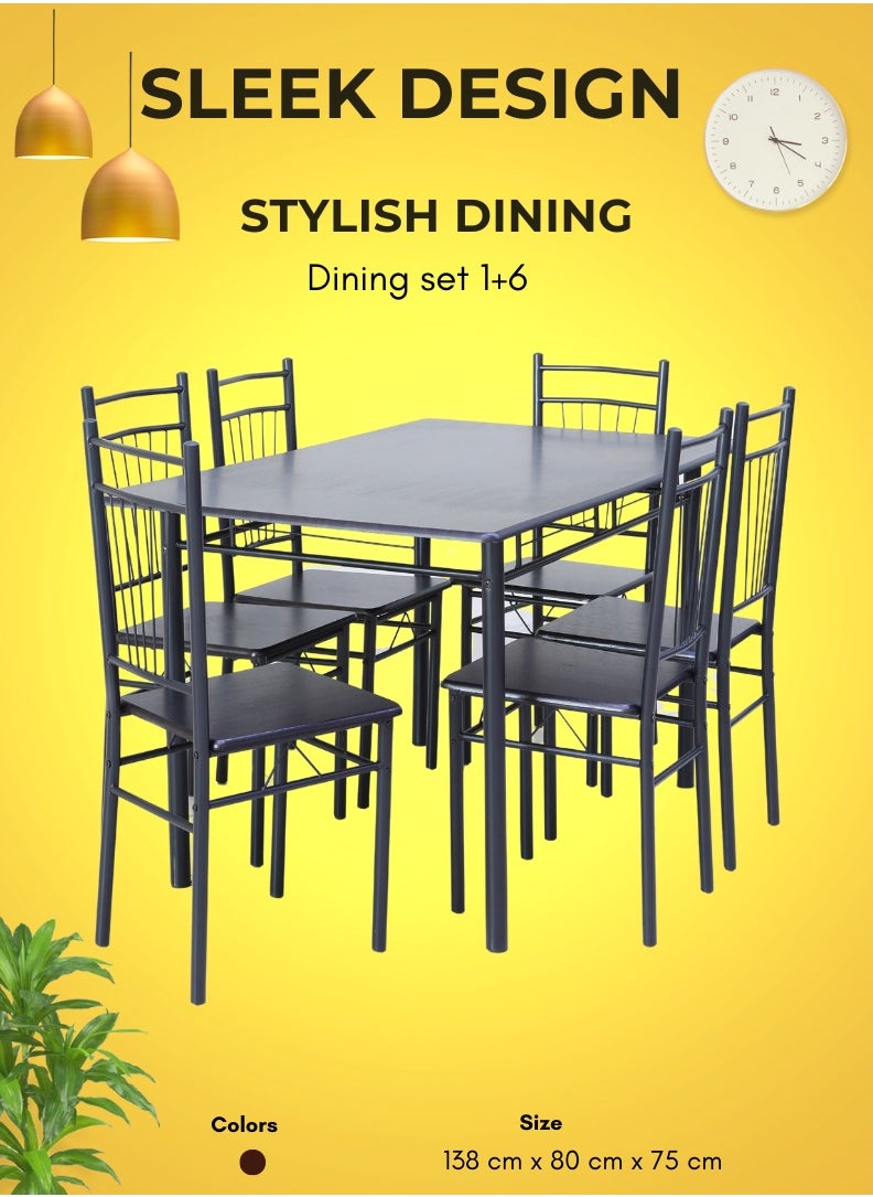 AFT - Aft Wooden Steel Metal Dining Table Chairs Set Modern Dining Room and Kitchen AFT-D1406-7 1+6 BLACK WALNUT - Image 1