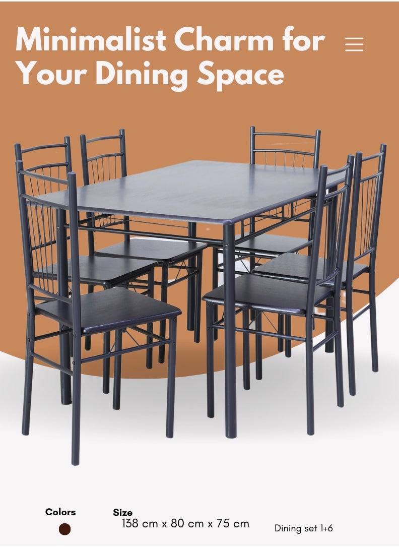 AFT - Aft Wooden Steel Metal Dining Table Chairs Set Modern Dining Room and Kitchen AFT-D1406-7 1+6 BLACK WALNUT - Image 1