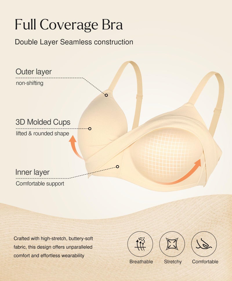 Popilush Bras for Women No Underwire Supportive Push Up Bralettes Wireless Full Coverage Plus Size T-Shirt Bra (34B-DD) Skin - Image 2