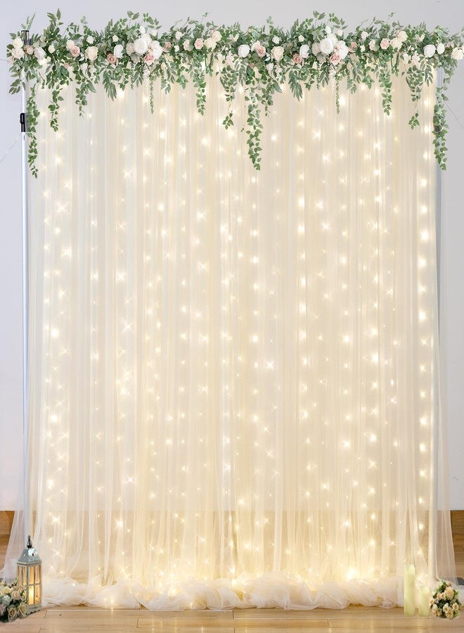Suppromo Champagne Tulle Photo Backdrop Curtain with Lights String for Parties Wedding Bridal Shower Sheer Champagne Curtain Backdrop for Birthday Party Baby Shower Photo Booth Photography 10ft x 10ft - Image 1