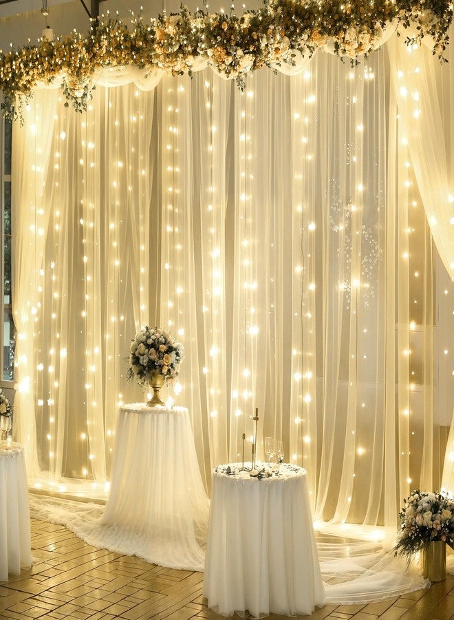 Suppromo Champagne Tulle Photo Backdrop Curtain with Lights String for Parties Wedding Bridal Shower Sheer Champagne Curtain Backdrop for Birthday Party Baby Shower Photo Booth Photography 10ft x 10ft - Image 3