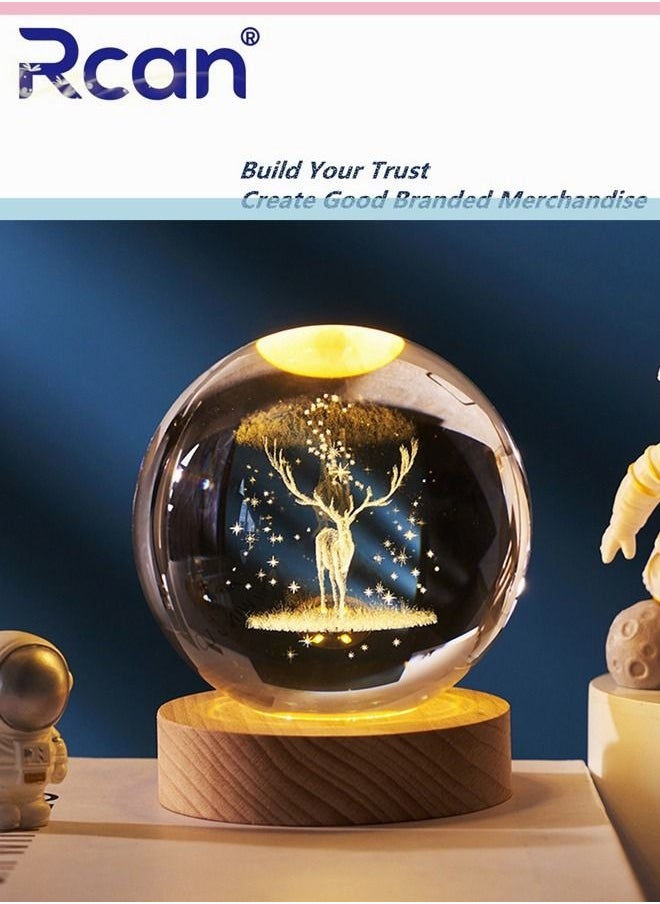 Rcan Elk 3D Crystal Ball Glass Luminous Night Lamp For Kids Women Commemorative Gifts Graduation Season Gifts Birthday Gifts Valentine's Day Gifts 