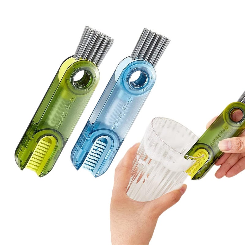Kumrabal 3 in 1 Multifunctional Cleaning Brush 2 Pcs Blue Green Silicone Bristles ABS Plastic Bottle Cup Lid Glass Cleaner - Image 1