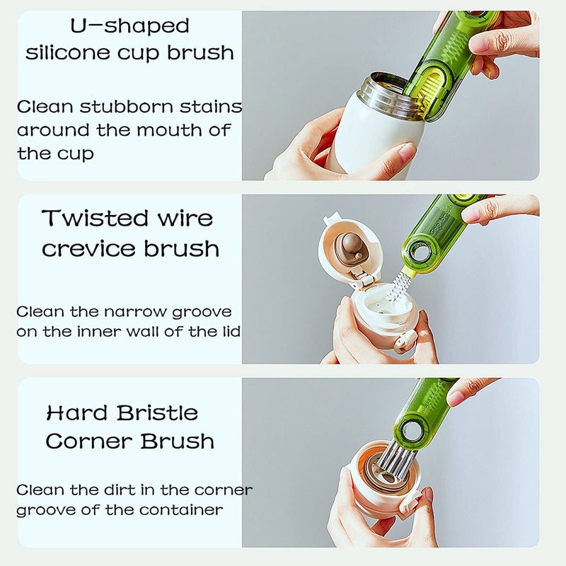 Kumrabal 3 in 1 Multifunctional Cleaning Brush 2 Pcs Blue Green Silicone Bristles ABS Plastic Bottle Cup Lid Glass Cleaner - Image 4