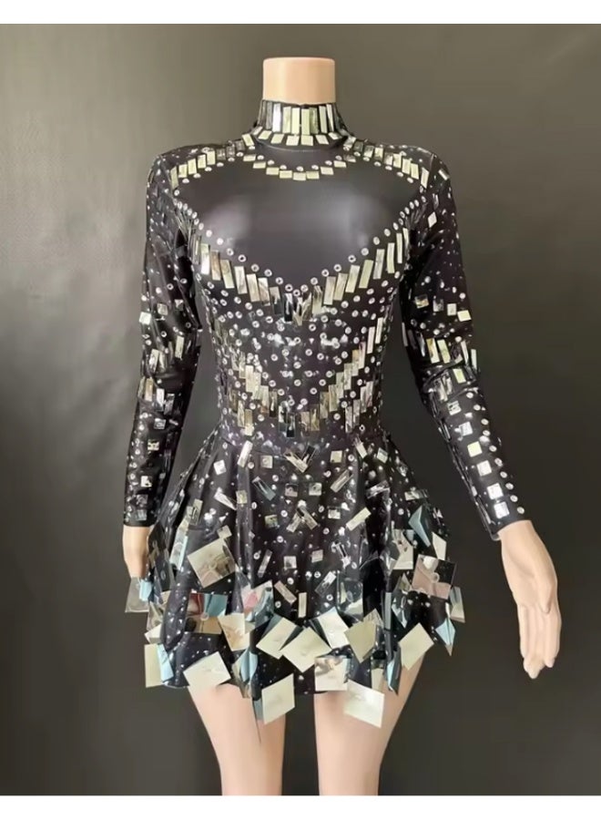 Mirror Party Dress Sequin Black Stretch Stage Dance Dress Nightclub Party Celebrate Dress Women Dancer Performance Clothes L4AW - Image 4