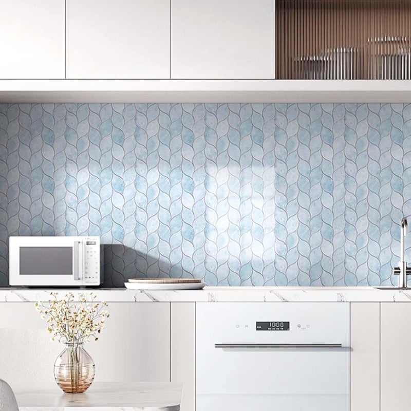 Tilingview 10-Sheet Peel and Stick Backsplash Tile for Kitchen, Self-Adhesive Mosaic Glossy Leaf Stick on Wall Tile with Gaps (Pastel Blue) - Image 2