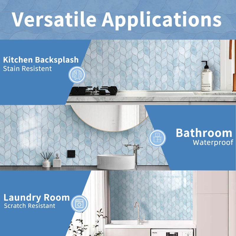 Tilingview 10-Sheet Peel and Stick Backsplash Tile for Kitchen, Self-Adhesive Mosaic Glossy Leaf Stick on Wall Tile with Gaps (Pastel Blue) - Image 4
