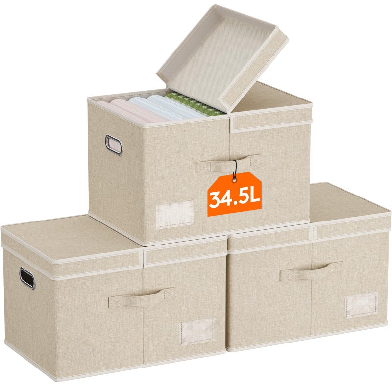 Lifewit Clothes Storage Bins with Lids Fabric Foldable Storage Boxes with Handles Decorative Closet Organizer Stackable Cube Baskets Container for Bedroom Office 345L Large Beige 3 Packs - Image 2