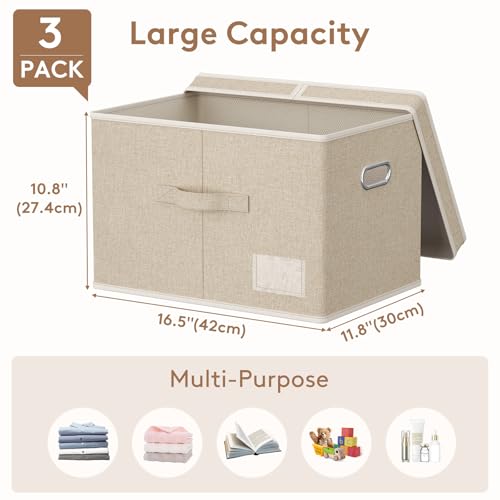 Lifewit Clothes Storage Bins with Lids Fabric Foldable Storage Boxes with Handles Decorative Closet Organizer Stackable Cube Baskets Container for Bedroom Office 345L Large Beige 3 Packs - Image 3