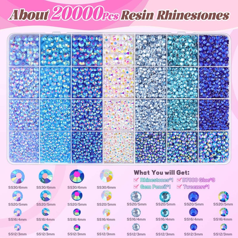 BELLEBOOST 20000Pcs Blue Rhinestones for Bedazzling with 3Pcs B7000 Jewelry Glue, Resin Rhinestones for Crafting Craftsï¼ŒBedazzler Kit Flatback Gems for Clothing Shoes Tumblers Nail Art - Image 2