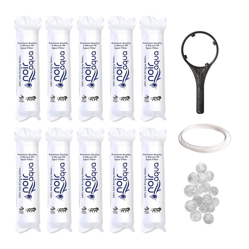 Noir Aqua PP 10pcs PP Spun Filter 1 Spanner 4 Antiscalant Balls 2mtr Water Pipe for All Types of RO Water Purifiers RO Spun Filter Cartridge Sponge Replacement Water Filter Candle - Image 1
