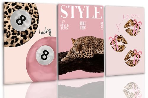 Shrandi 3 PCS Pink Leopard Canvas Wall Art Trendy Cheetah 8 Ball Bow Poster Prints Y2k Coquette Preppy Lucky Aesthetic Fashion Pictures Art for Girls Bedroom Dorm Living Room Apartment Decor 1216In Stretched Canvas On A Wooden Frame - Image 1
