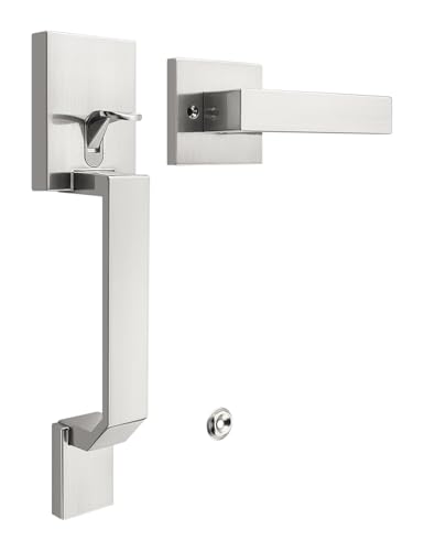 Tinewa Square Brushed Nickel Front Door Handle with Classic Door Lever Upgrated Exterior Door Entry Handle No Lock Reversible for Left Right Handed - Image 1