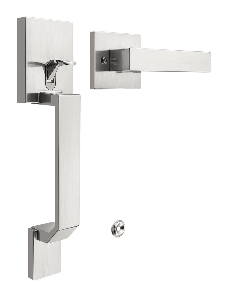 Tinewa Square Brushed Nickel Front Door Handle with Classic Door Lever Upgrated Exterior Door Entry Handle No Lock Reversible for Left Right Handed - Image 2