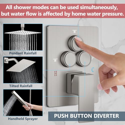 Aolemi Shower Faucet Set Ceiling Mount Shower System Rough-in Valve and Shower Trim Kit 10 and 6 Inch Dual Shower Head 2 in 1 Handheld Spray Push Button Diverter Brushed Nickel - Image 2
