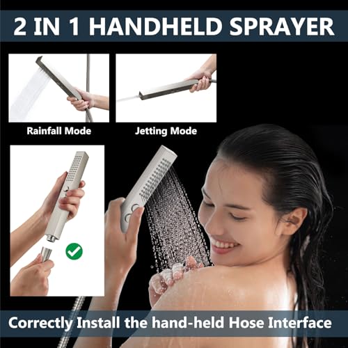 Aolemi Shower Faucet Set Ceiling Mount Shower System Rough-in Valve and Shower Trim Kit 10 and 6 Inch Dual Shower Head 2 in 1 Handheld Spray Push Button Diverter Brushed Nickel - Image 3
