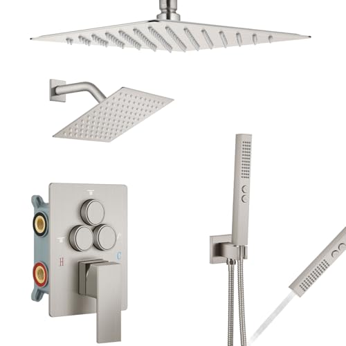 Aolemi Shower Faucet Set Ceiling Mount Shower System Rough-in Valve and Shower Trim Kit 10 and 6 Inch Dual Shower Head 2 in 1 Handheld Spray Push Button Diverter Brushed Nickel - Image 1