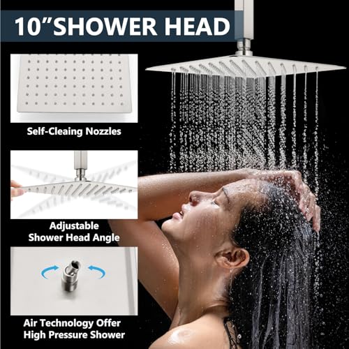 Aolemi Shower Faucet Set Ceiling Mount Shower System Rough-in Valve and Shower Trim Kit 10 and 6 Inch Dual Shower Head 2 in 1 Handheld Spray Push Button Diverter Brushed Nickel - Image 4