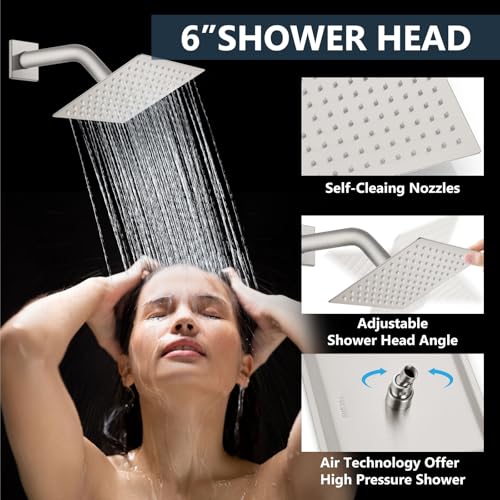Aolemi Shower Faucet Set Ceiling Mount Shower System Rough-in Valve and Shower Trim Kit 10 and 6 Inch Dual Shower Head 2 in 1 Handheld Spray Push Button Diverter Brushed Nickel - Image 5
