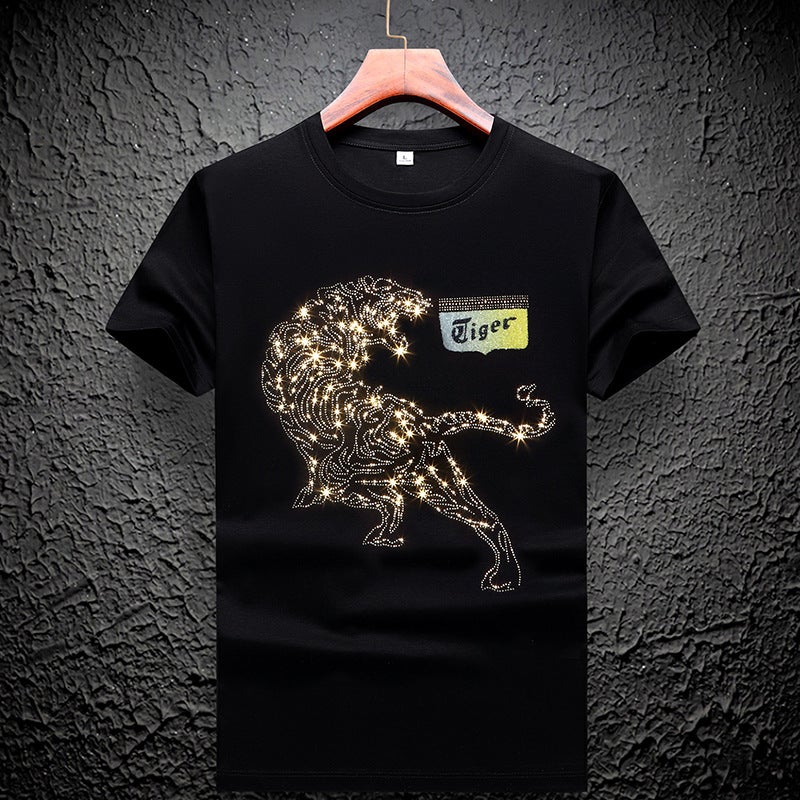 European Station double mercerized cotton rhinestone short sleeve men's net red plus size Tide brand Tiger head round neck mulberry silk T-shirt bottoming shirt - Image 1