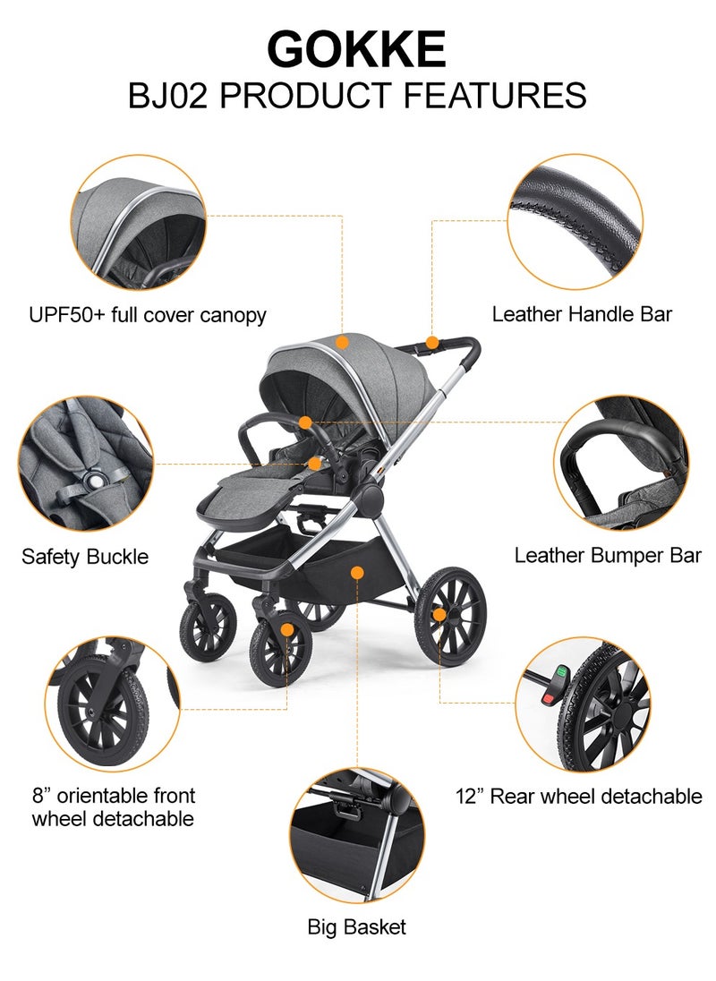 GOKKE - Reversible Baby Stroller with 5 Point Safety Harness, Forward & Rear Facing, Height Adjustable Handlebar, 0-36 Months, Grey & Silver - BJ02GS - Image 1
