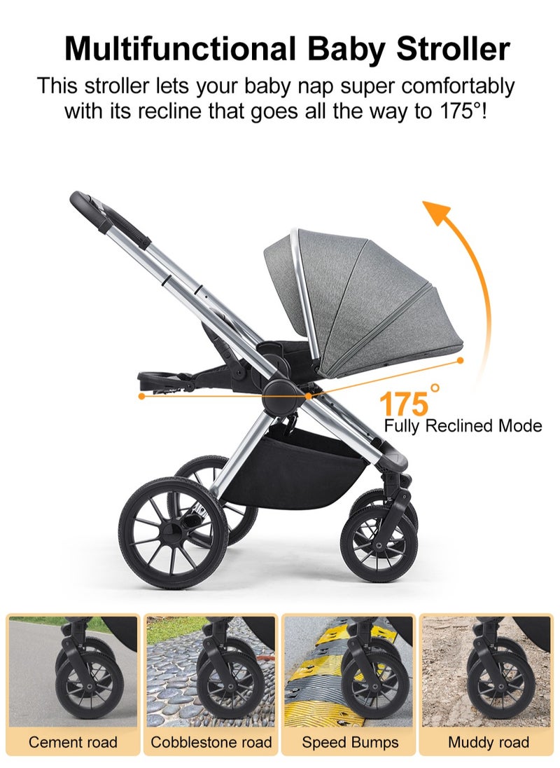 GOKKE - Reversible Baby Stroller with 5 Point Safety Harness, Forward & Rear Facing, Height Adjustable Handlebar, 0-36 Months, Grey & Silver - BJ02GS - Image 1