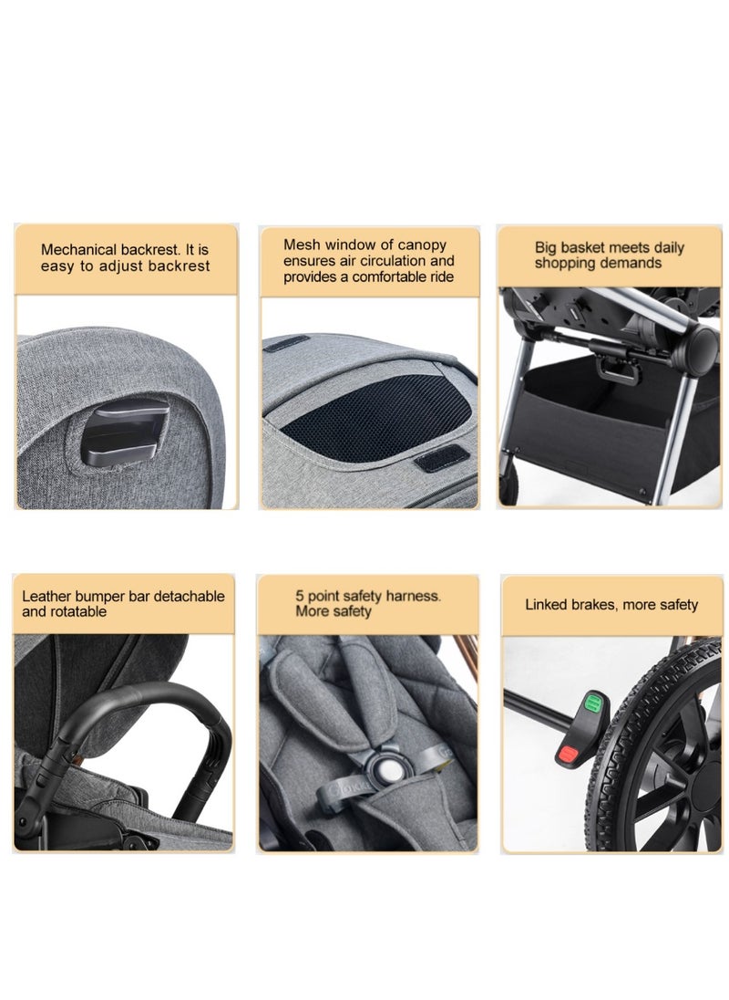 GOKKE - Reversible Baby Stroller with 5 Point Safety Harness, Forward & Rear Facing, Height Adjustable Handlebar, 0-36 Months, Grey & Silver - BJ02GS - Image 1
