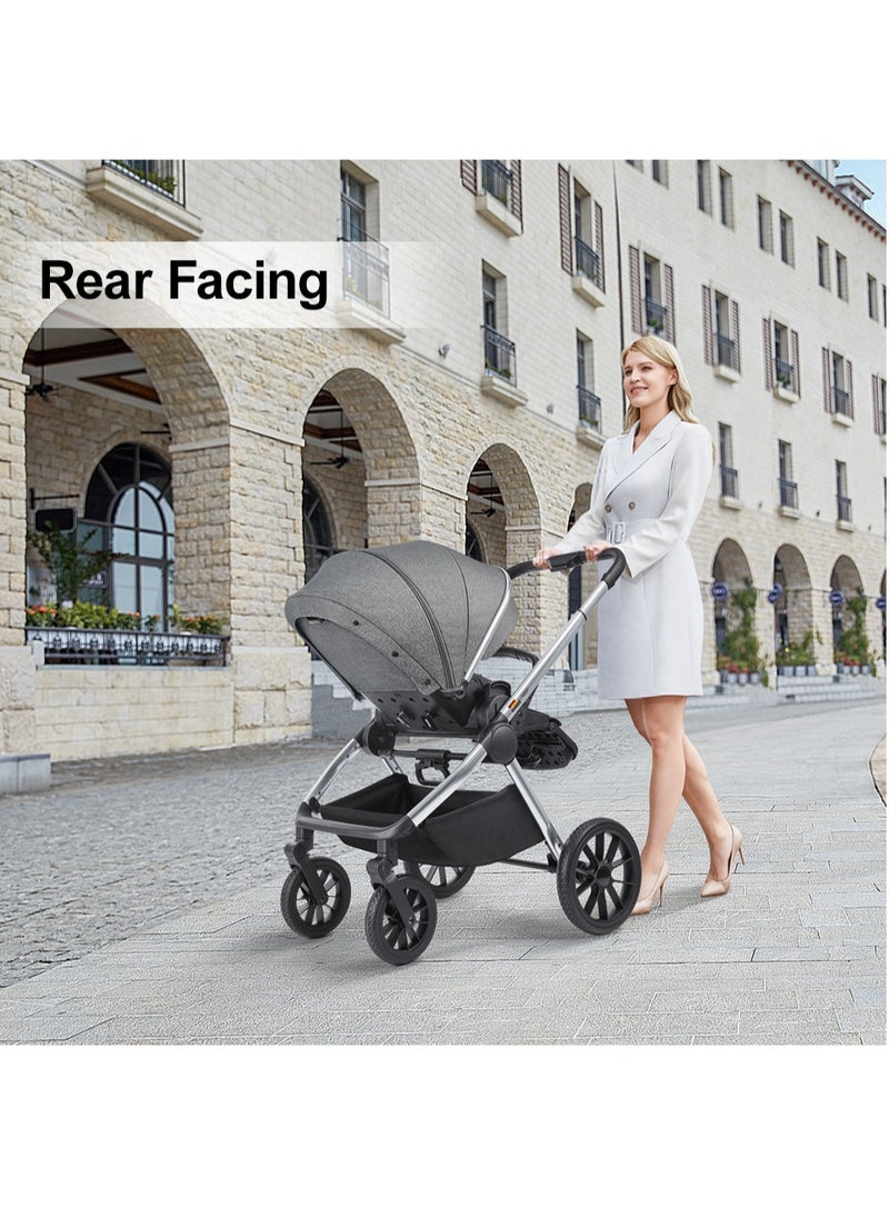 GOKKE - Reversible Baby Stroller with 5 Point Safety Harness, Forward & Rear Facing, Height Adjustable Handlebar, 0-36 Months, Grey & Silver - BJ02GS - Image 1