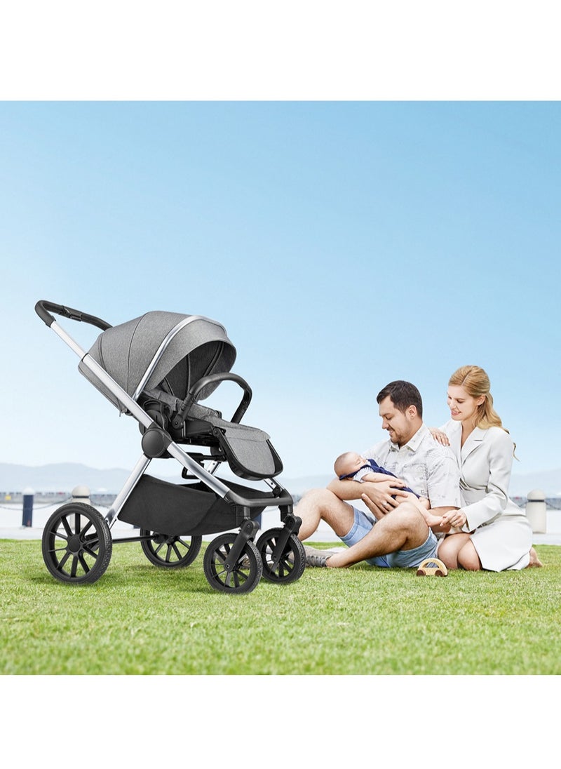 GOKKE - Reversible Baby Stroller with 5 Point Safety Harness, Forward & Rear Facing, Height Adjustable Handlebar, 0-36 Months, Grey & Silver - BJ02GS - Image 1